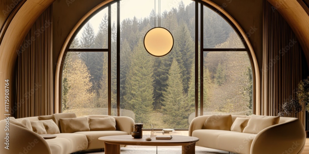 Fototapeta premium interior design, minimalist living room, arched window, panoramic view, nature scenery, beige tones, round pendant lights, cozy seating area, neutral color palette, soft textures, natural light, calm 