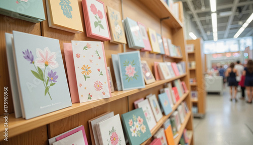 Colorful spring greeting cards displayed in shop, seasonal celebration