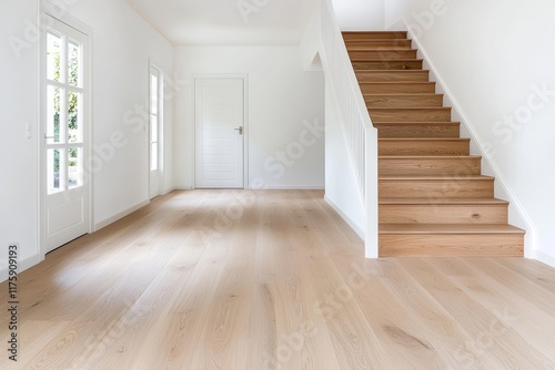 A snug home interior featuring a wooden floor, a spacious gray sofa, and stairs ascending to the second floor