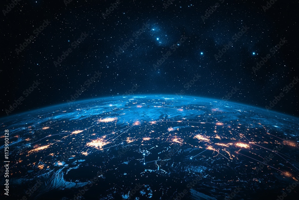 Obraz premium Global internet network linked Europe through communication technology. Telecommunication and data transfer facilitated by European connection links. Covering IoT, finance, business, blockchain, and