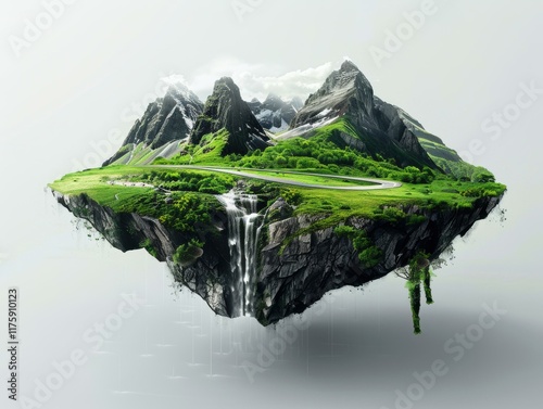 A floating island with a waterfall and winding road. AI.