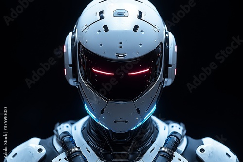 A black robot android cyborg stands alone on a black backdrop, showcasing a futuristic profile view character design photo