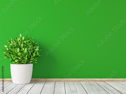 A modern, opulent bedroom with a bed in lime olive velor and dark khaki green painted walls. The minimalist interior design is perfect for either a home or hotel, showcasing an empty wall for art and