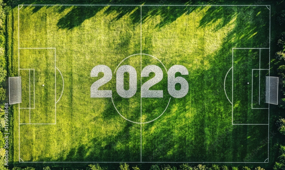2026 soccer or football World Cup concept. Top down view of '2026' in scoreboard lettering on a soccer or football pitch 2026 soccer or football World Cup concept. Top down view of '2026' in scoreboard lettering on a soccer or football pitch