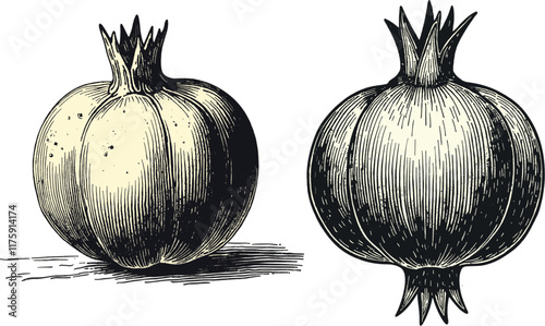 Intricate vintage pomegranate engraving in black and sepia tones with detailed linework illustration