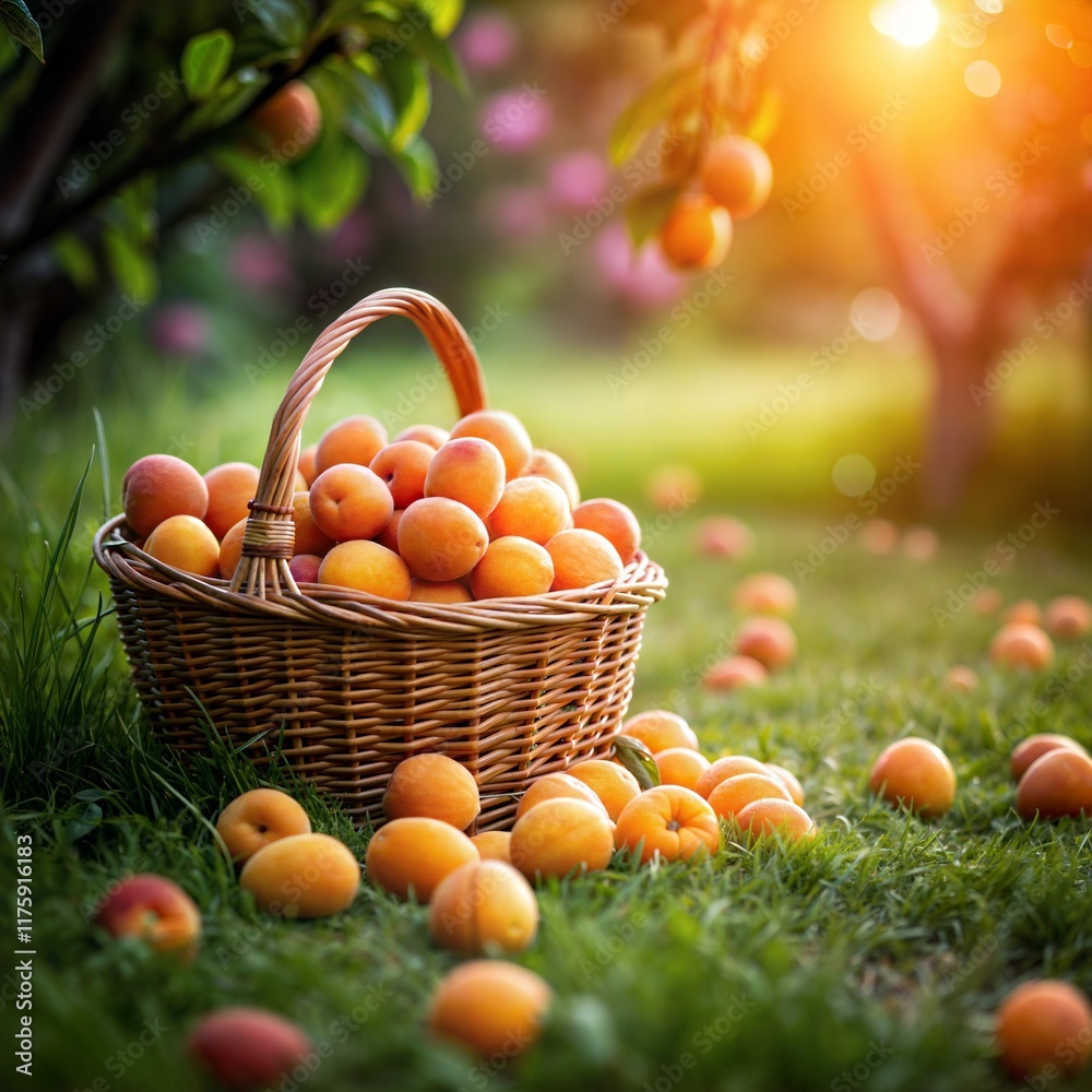Basket of ripe apricots in a sunlit orchard with fallen fruits on the grass Basket of ripe apricots in a sunlit orchard with fallen fruits on the grass