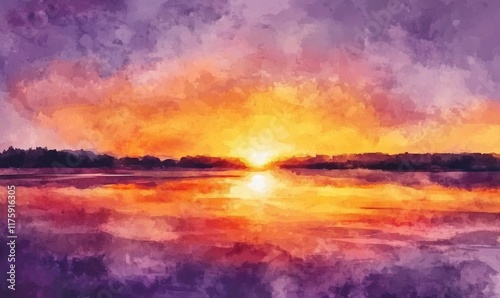 abstract watercolor background sunset sky orange purple