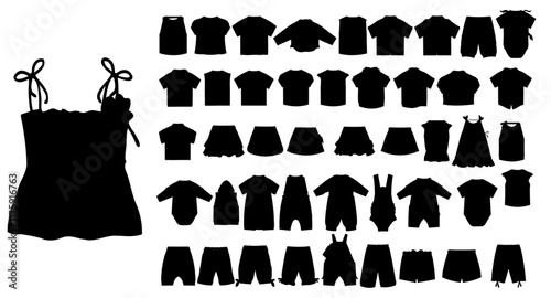 Fashion Silhouette: A captivating collection of fashionable clothing silhouettes, showcasing an array of tops, dresses, shorts, and onesies, offering a glimpse into the latest trends and styles. 