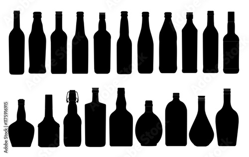 Silhouette of Various Bottles: A collection of silhouettes of different bottle designs, offering a diverse range of shapes and styles in a minimalist aesthetic