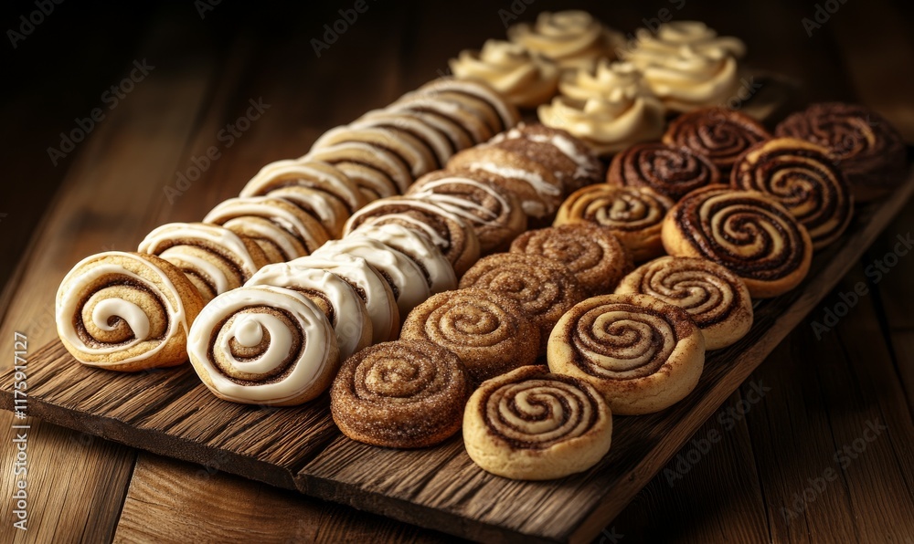 A delicious assortment of cinnamon roll cookies arranged on a rustic wooden plank, ready to be savored.