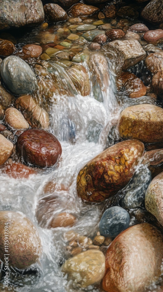 A detailed close-up of a rocky stream, showing crystal clear water flowing over smooth, multicolored stones.