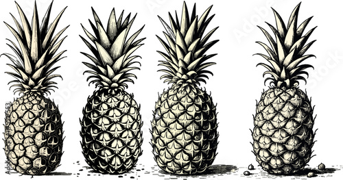Intricate vintage ananas engraving in black and sepia tones with detailed linework, illustration