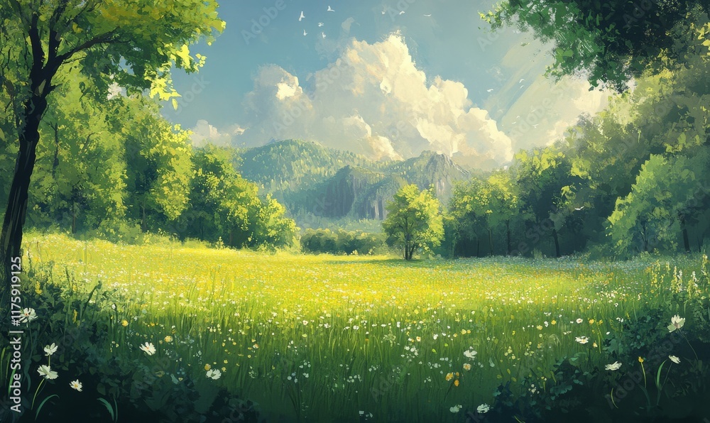 Obraz premium A green meadow illuminated by the spring sun.