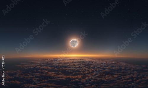The full moon is brilliantly visible above a layer of lighted clouds with faint star patterns in the black night sky, Generative AI.