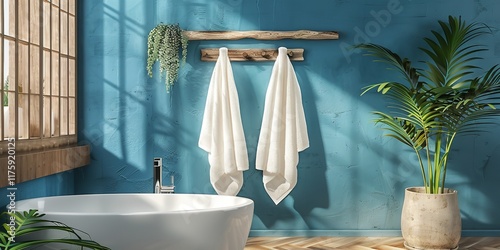 The image is a stylized interior photos of a bathroom. There are two hanging towels on a wooden peg rack that is affixed to a blue wall in the arrangement, Generative AI.