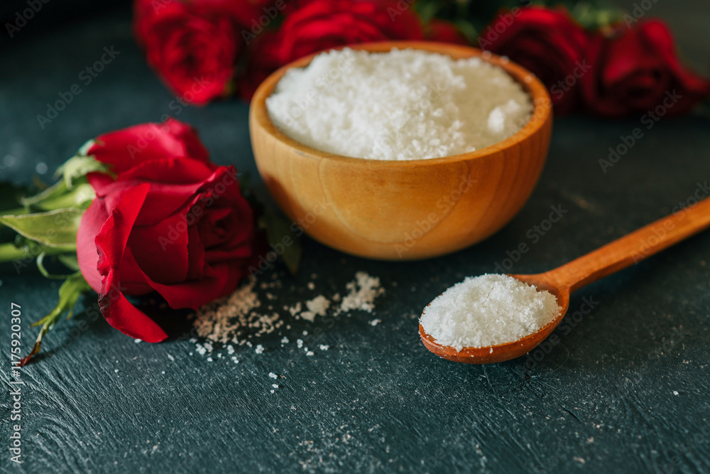 Wooden bowl filled with white bath salt, surrounded by vibrant red roses and scattered petals on a dark textured surface, creating a romantic and natural spa-like ambiance Wooden bowl filled with white bath salt, surrounded by vibrant red roses and scattered petals on a dark textured surface, creating a romantic and natural spa-like ambiance