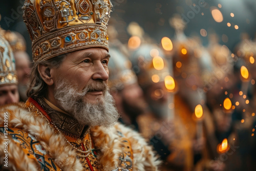 a close-up of an Orthodox clergyman wearing a rich, bejeweled and patterned headdress. 