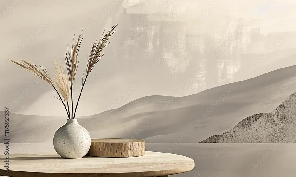 Minimalist beige studio scene with vase, podium, and desert backdrop