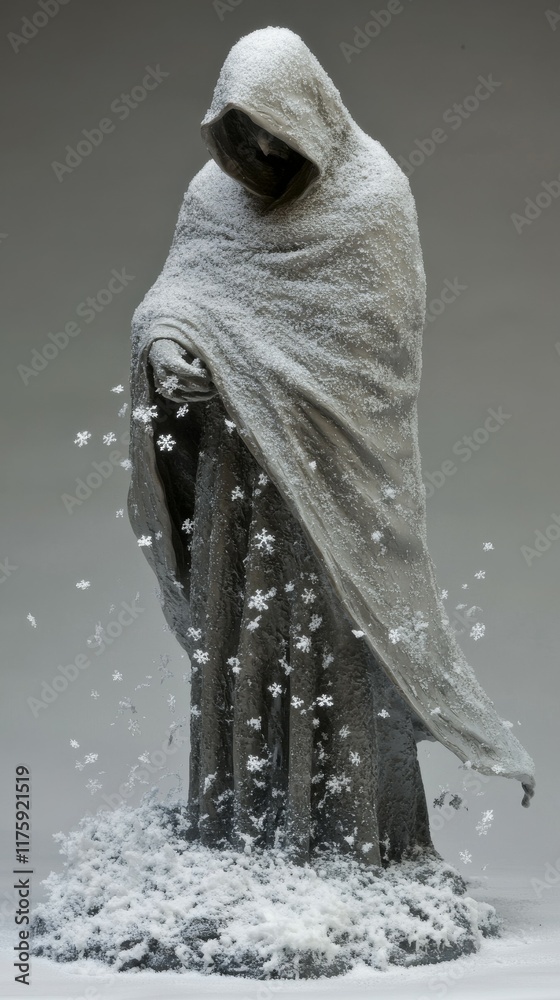 A sculpture of a cloaked figure amidst a gentle snowfall, with snowflakes delicately resting on the figure and accumulating around the base. A sculpture of a cloaked figure amidst a gentle snowfall, with snowflakes delicately resting on the figure and accumulating around the base.