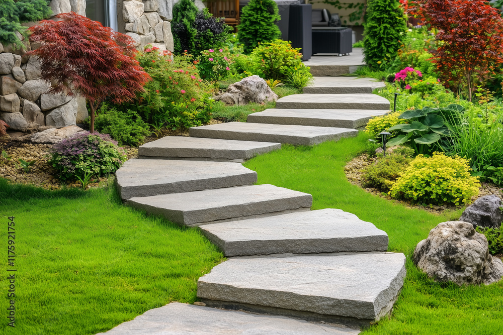 Obraz premium A garden pathway lined with simple stone steps and soft greenery