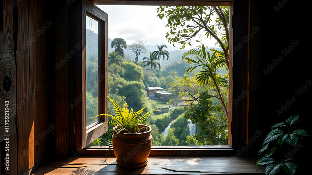 A rustic wooden window with sunlight streaming in, a clay pot of ferns tucked into the corner, overlooking a peaceful countryside A rustic wooden window with sunlight streaming in, a clay pot of ferns tucked into the corner, overlooking a peaceful countryside