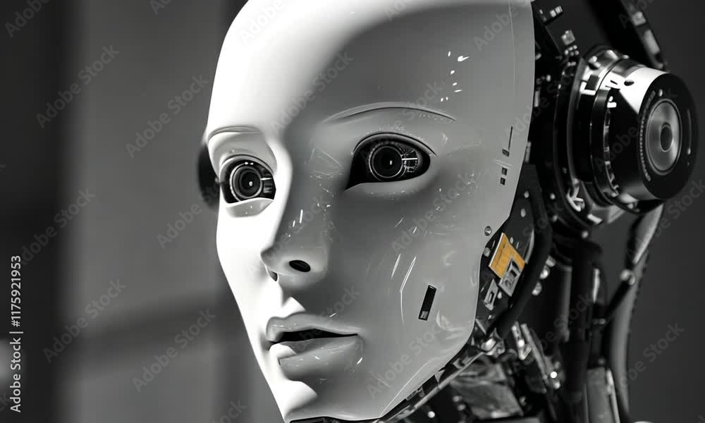 Robot face close-up, studio, AI tech background Robot face close-up, studio, AI tech background