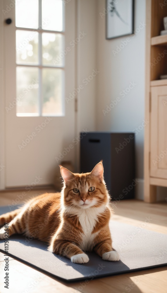 Tranquil tabby cat resting on a yoga mat in a modern, bright room filled with natural light and decorated with houseplants for a peaceful ambiance Tranquil tabby cat resting on a yoga mat in a modern, bright room filled with natural light and decorated with houseplants for a peaceful ambiance