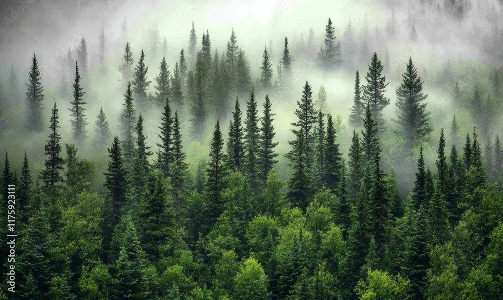 Aerial view of dense evergreen forest shrouded in mist and fog Aerial view of dense evergreen forest shrouded in mist and fog