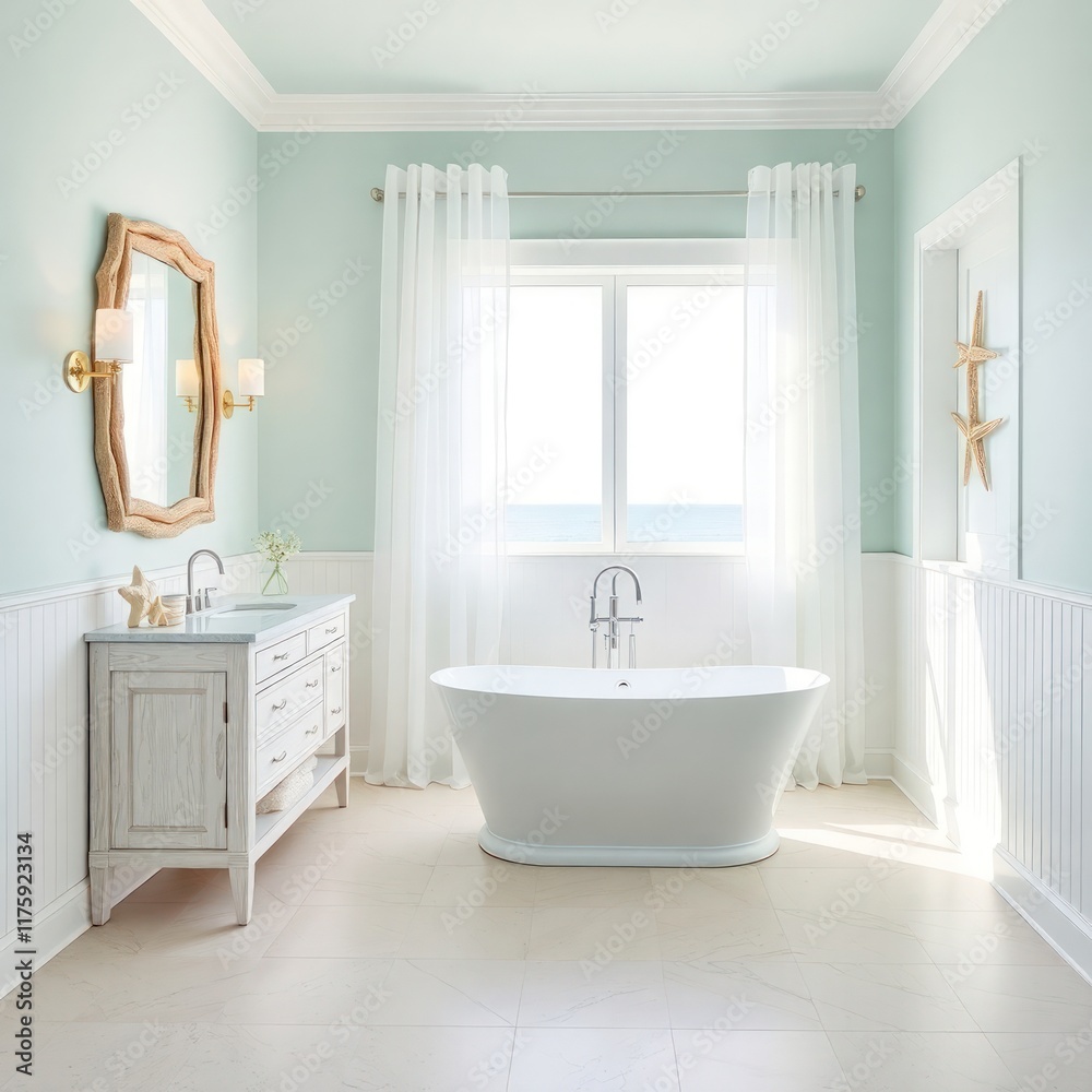 Fototapeta premium bathroom interior design. Coastal style bathroom interior design. Architecture interior. Coastal interior. Coastal style.