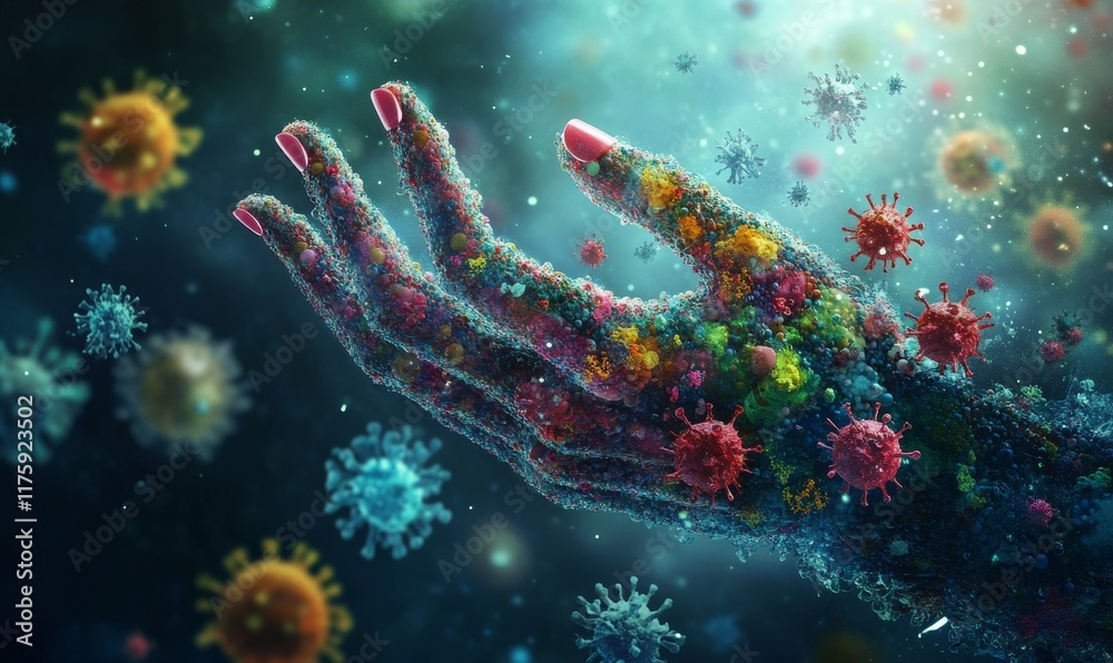 A hand covered in different bacteria and virus concept