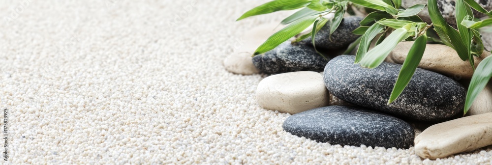 Fototapeta premium 砂利と石、そして竹が調和する静かな庭の一角