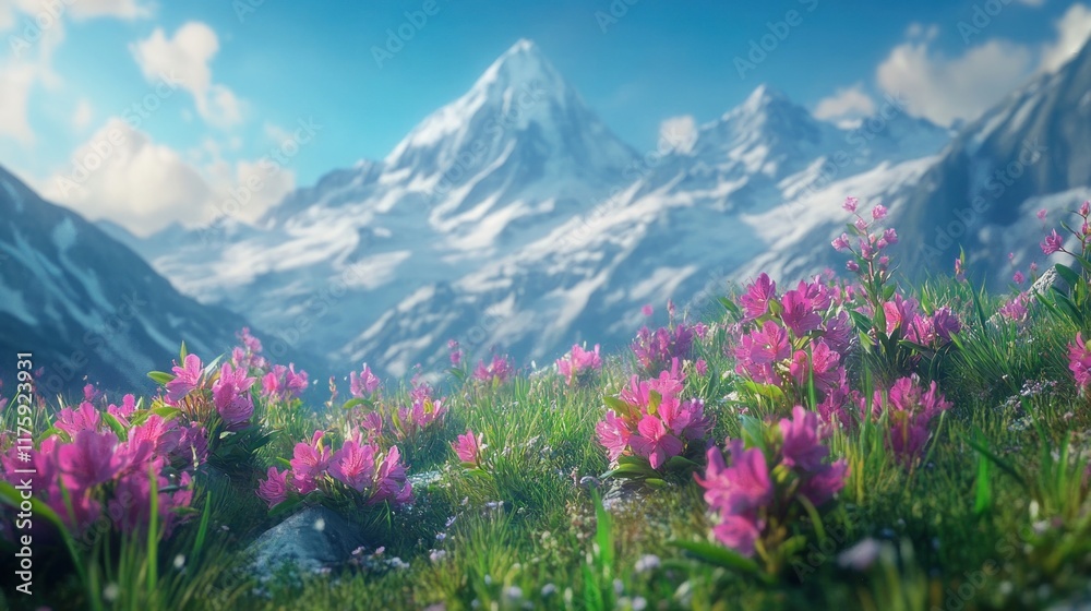 Vibrant pink flowers bloom in a lush alpine meadow, with majestic snow-capped mountains in the background under a clear blue sky. Vibrant pink flowers bloom in a lush alpine meadow, with majestic snow-capped mountains in the background under a clear blue sky.