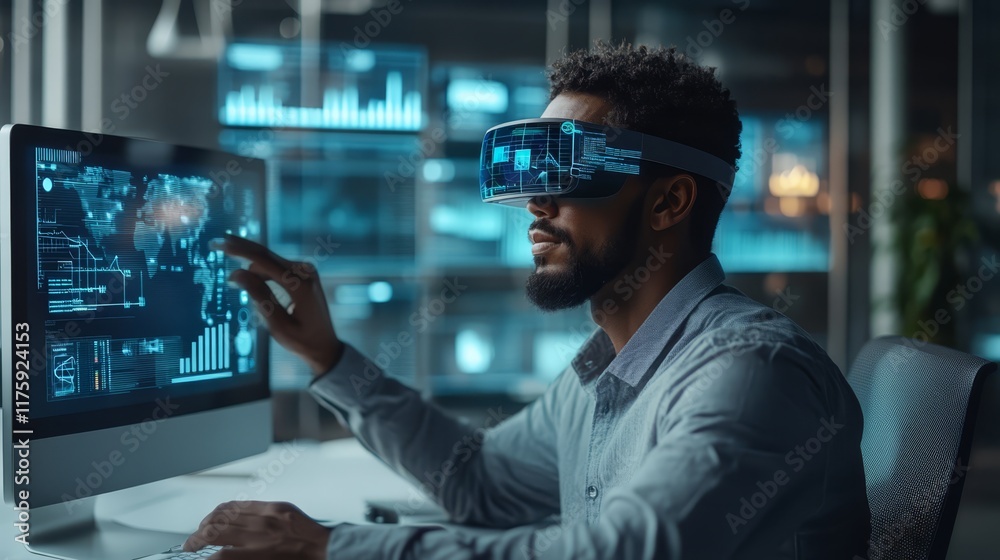 A businessman interacts with holographic data while wearing AR glasses in a sleek modern office environment A businessman interacts with holographic data while wearing AR glasses in a sleek modern office environment