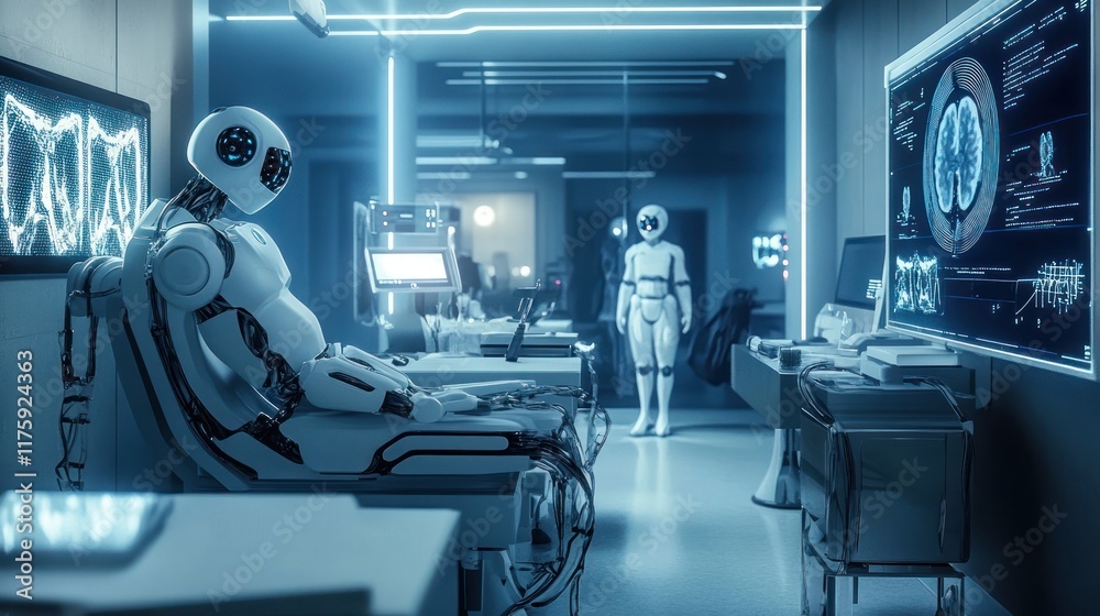 Futuristic medical lab with two robots undergoing diagnostics, screens displaying medical data. Futuristic medical lab with two robots undergoing diagnostics, screens displaying medical data.