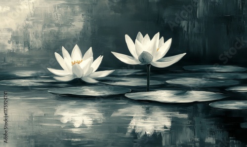 A modern take on a still life painting, featuring water lilies in an abstract style with a monochromatic palette.