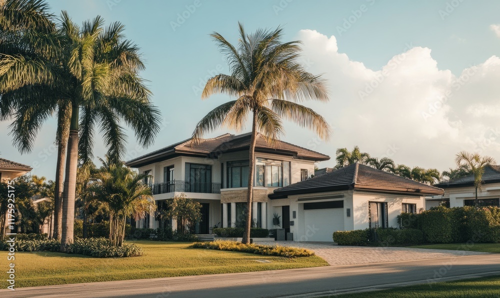 An elegant, tropical-looking house with palm trees and short grass in front. An elegant, tropical-looking house with palm trees and short grass in front.