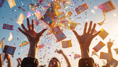 Hands reaching for confetti and tickets during celebration