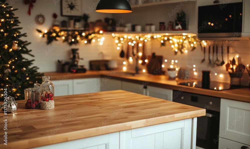 Festive kitchen decor with wooden countertop and warm lights Festive kitchen decor with wooden countertop and warm lights