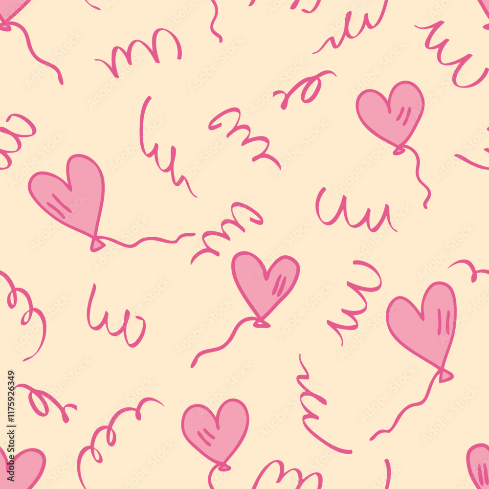 Valentine's Day seamless pattern with heart shaped flying balloons and serpentine. Festive celebration print for textile, fabric, card, sale. Hand drawn vector illustration. Valentine's Day seamless pattern with heart shaped flying balloons and serpentine. Festive celebration print for textile, fabric, card, sale. Hand drawn vector illustration.