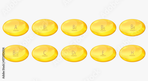 Vitamin golden capsules icons set. Multivitamin complex. Vector illustration