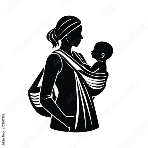 Mother carrying baby in sling.