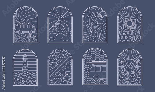 Vintage bohemian linear surfing, ocean, sea badge, icon, design. Simple geometric surf camp, resort, stickers, t shirt template, design frame