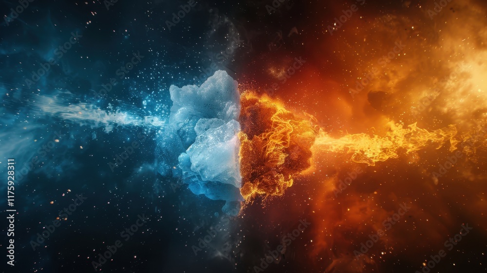 Fototapeta premium The abstract battle of ice and fire, a wave of burning flame vs frozen water waves in a flowing vs striking texture with a powerful vs delicate design and a magical vs realistic backdrop.