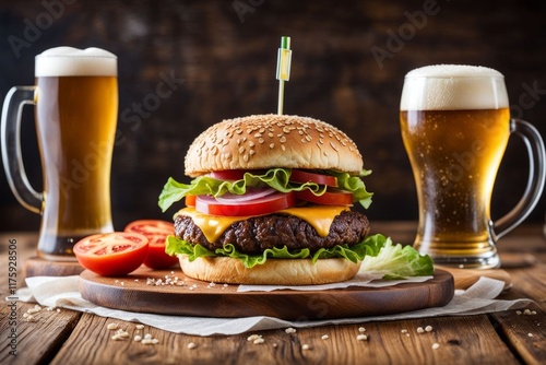 Savory burger featuring juicy patty, fresh greens, and tomato slices, paired with a glass of beer. Ideal for marketing campaigns, food events, and restaurant menus showcasing comfort food.