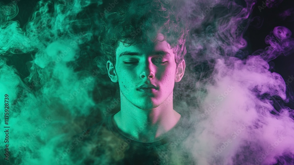 Man in colorful mist with a dreamy expression Man in colorful mist with a dreamy expression