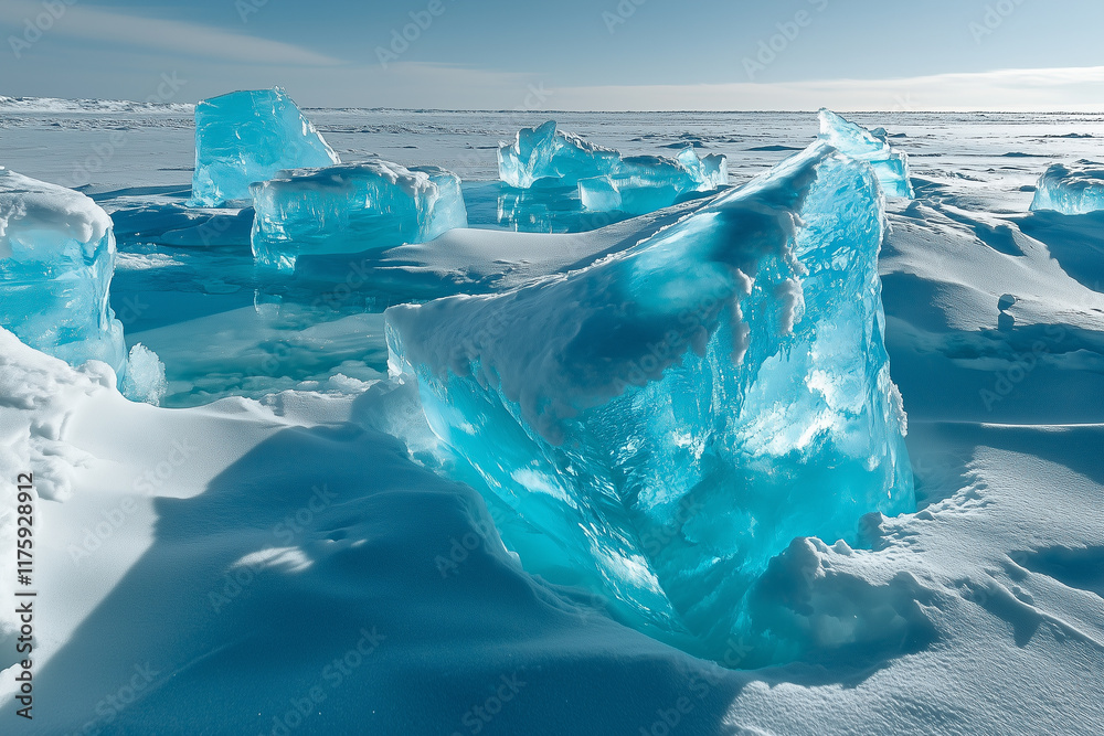Fototapeta premium A serene polar landscape with shimmering ice formations under the glow of the aurora australis
