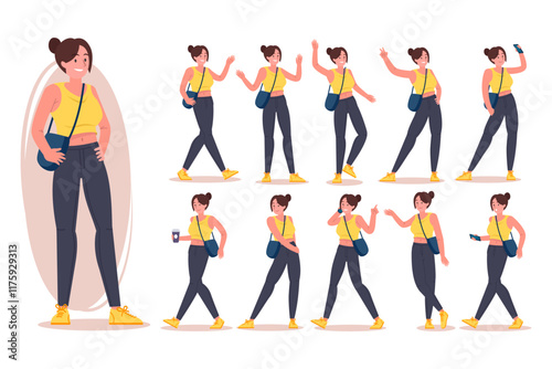 Hipster girl poses vector flat illustration set. Cartoon latina female character with tied hair in stylish jeans, sneakers and shoulder bag, brunette woman standing in different position and gesture