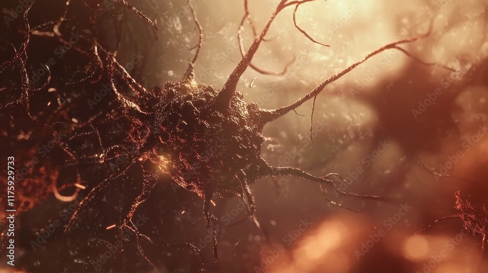 Microscopic view of a neuron, intricate details and warm color palette. The image evokes a sense of mystery and wonder, highlighting the complexity of the nervous system. Microscopic view of a neuron, intricate details and warm color palette. The image evokes a sense of mystery and wonder, highlighting the complexity of the nervous system.