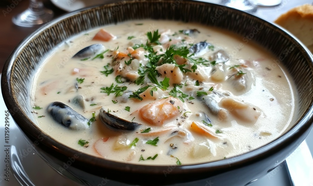 Creamy seafood chowder with mussels and fresh parsley Creamy seafood chowder with mussels and fresh parsley