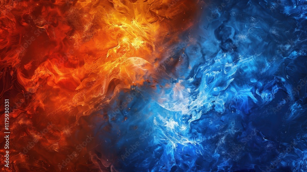 Fototapeta premium Abstract ice and fire art, a concept of cold vs hot elements in a striking vs flowing design with a magical vs realistic backdrop and a black background.